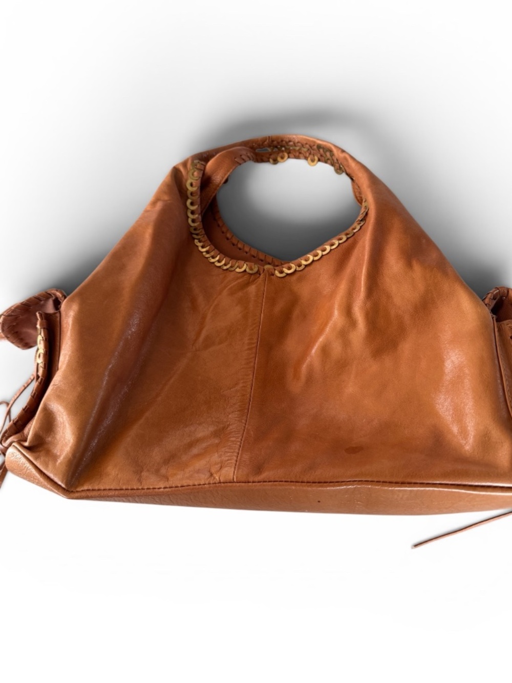Elisa Atheniense Brazilian Cognac Leather Whipstitched Brass Disc Hobo Shoulder